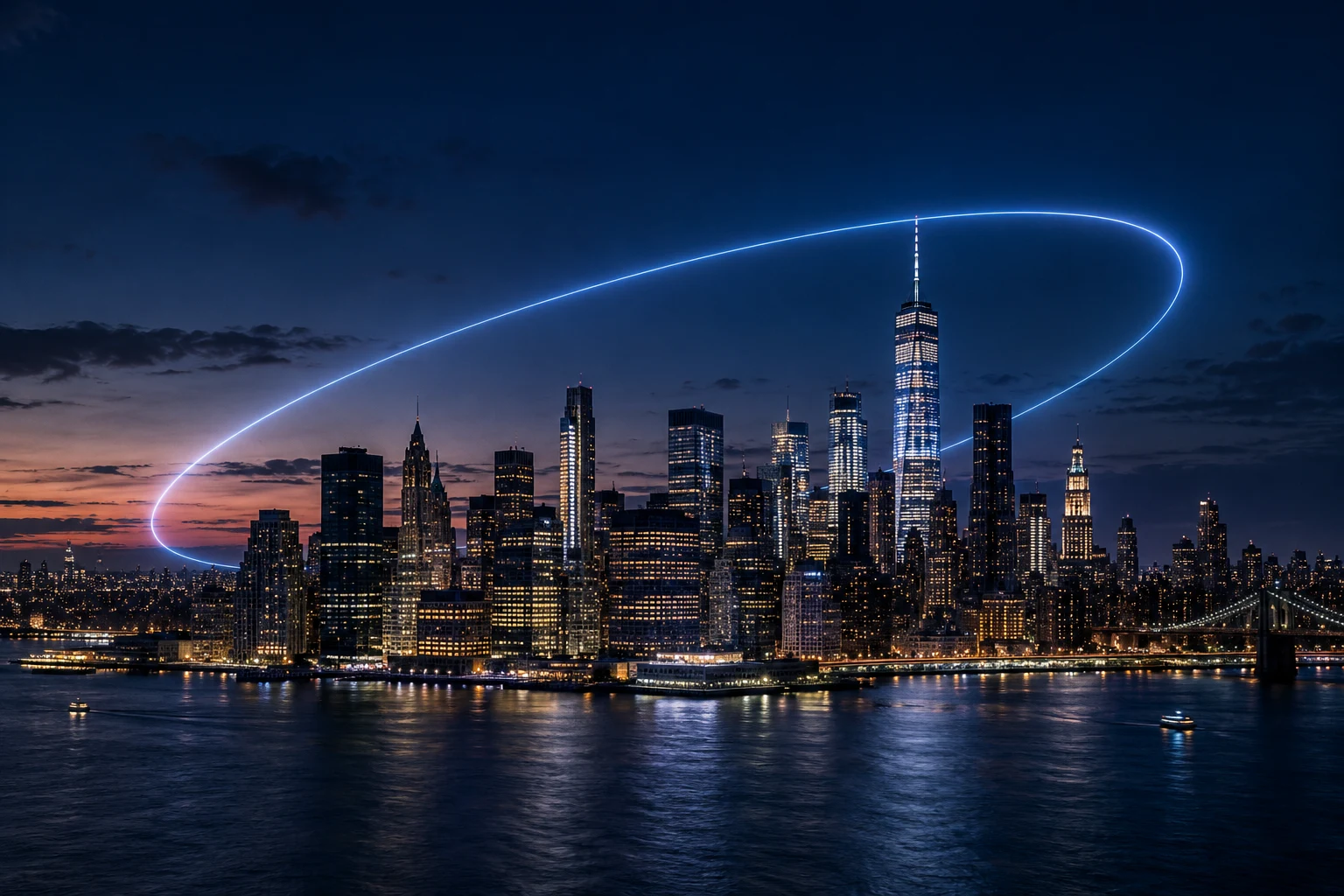 Horizonte urbano al anochecer rodeado por una órbita de luz azul